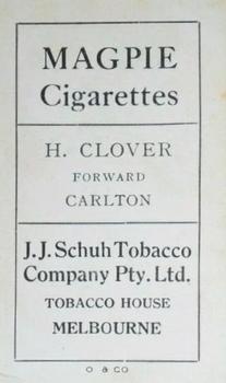 1921 J.J.Schuh Magpie Cigarettes Victorian League Footballers #NNO Horrie Clover Back